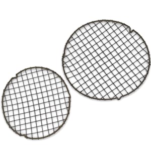 May include: Two round, dark metal grill grates with a square grid pattern. One grate has a small section missing from its edge. The grates are set against a white background.