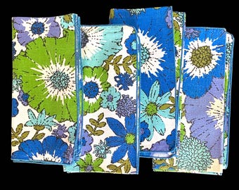 Vintage, Napkins, 1960s, Floral, Mod, Cotton, Set of 4