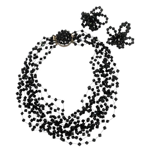Vintage, 1950’s, Black Jet, Illusion Style, Choker Necklace, and Flower Clip Earrings