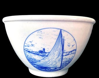 Vintage Chatham Pottery, Cape Cod, Catboat, Blue Sailboat, Mixing, Serving Bowl
