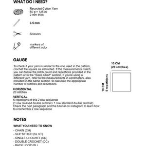May include: A crochet pattern sheet with instructions for a sweater. The sheet includes a list of needed materials, including yarn, a 3.5 mm crochet hook, and scissors. The difficulty level is indicated by four filled circles. The pattern includes a gauge section and available sizes.