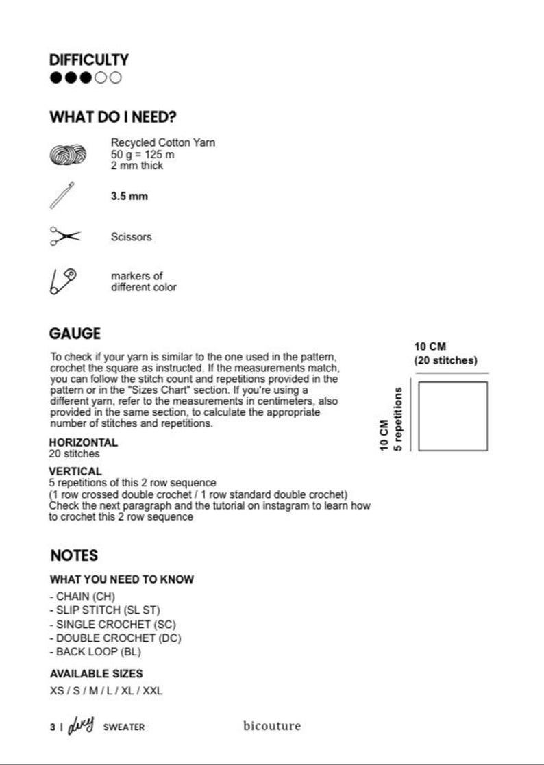 May include: A crochet pattern sheet with instructions for a sweater. The sheet includes a list of needed materials, including yarn, a 3.5 mm crochet hook, and scissors. The difficulty level is indicated by four filled circles. The pattern includes a gauge section and available sizes.