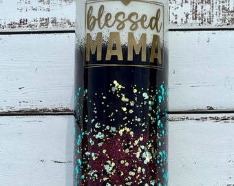 Blessed Mama Glitter Tumbler: Custom Ombre Glitter Stainless Steel Cup, Personalized Glitter Tumbler, Sparkle Tumbler, Glitter Mug