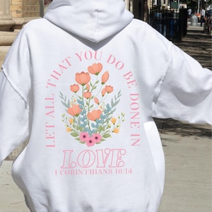 Trendy Christian Sweatshirt Merch, Words on Back Bible Verse Hoodie, Jesus Loves You, Aesthetic Women&#39;s Faith Apparel, Back to School Gift