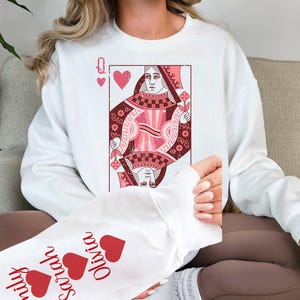 Queen of Hearts Personalized Valentine Custom Sweatshirt Gift Mom - Custom Name Valentine Gift Wife - Galentines Matching Shirt Kids Names