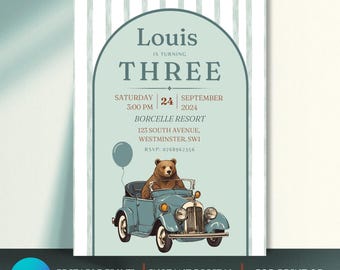 Vintage Whimsical Bear Party Invitation Template for print and digital, Classic Vintage Car, Mint and Burgundy