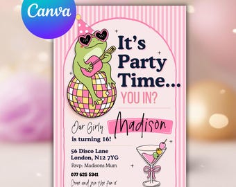 Editable Disco Party Birthday Invitation Template For Girls, Teens, Tweens, Disco Ball, Pink Strips, Frog, Retro, Funny, Fun, Girly Instant