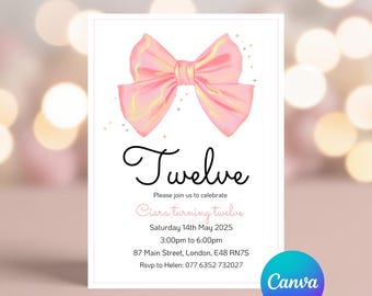 Editable Pink Bow Birthday Invitation - Tween Party Template, Digital Canva Download for Girls, Twelve Birthday Party Invite