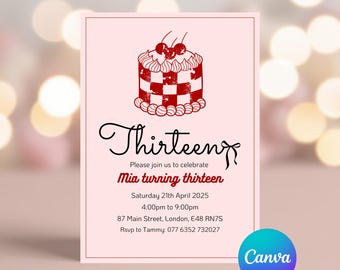 Editable 13th Birthday Party Invitation Template  Canva Checkered Coquette Cake Theme  Teen Girl Birthday Party Invite Instant Download