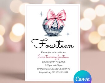 Editable Disco Ball Birthday Party Invitation Template - Pink Bow Design, Teen Girl Party Invite, Printable Digital Download