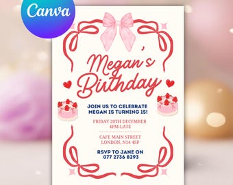 Pink and Red Coquette Invitation Girls Teen or any age Coquette Party Invite Bows Retro Coquette Invite Vintage Pink Cake Invite