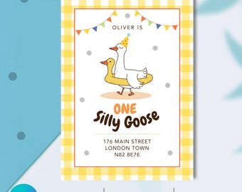 One Silly Goose Birthday Party Invite Downloadable First Birthday invitation Gender Neutral Yellow Gingham Print Canva Template
