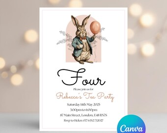 Vintage Bunny Tea Party Birthday Invitation Canva Template , Editable Girls Party Invite , Digital Download for Kids Tea Party