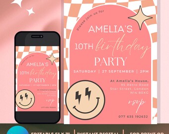 Pastel Pink Orange Checked Smiley Face Birthday Invitation ANY AGE for Boys Teens Kids Girls, Instant Download Editable Canva Template