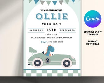 Dinosaur Race Car Party Invitation Downloadable Template for print and digital, Boys Party Invite, Canva Template, Birthday invitation