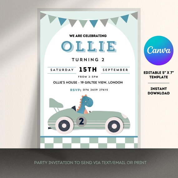 Dinosaur Race Car Party Invitation Downloadable Template for print and digital, Boys Party Invite, Canva Template, Birthday invitation
