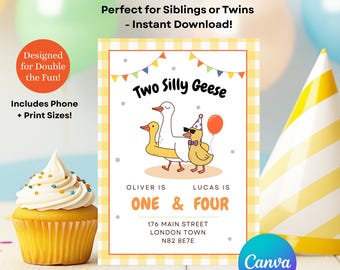 Two Silly Geese Birthday Invitation | Editable Canva Template | Joint Sibling or Twin Party Invite | Funny Goose Theme | Digital Download