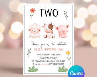 Editable Farm Birthday Invitation Template, Farm Animals Birthday Invitation, Barnyard Invitation, Farm Invitation Canva Design Farm Theme