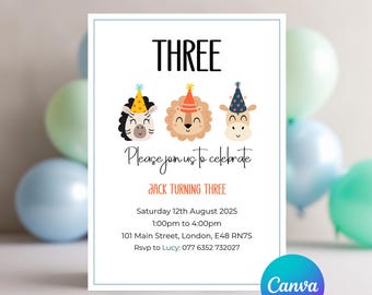 Editable Safari Birthday Invitation - Jungle Animal Party Invite for Kids, Toddler Party Template, Canva Instant Download