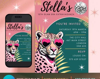 Glam Era Extravaganza Leopard Invitation Downloadable Template for print and digital,Disco Party Invite, Canva Template, Birthday invitation