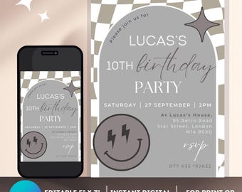 Grey Checked Smiley Face Birthday Invitation ANY AGE Invitation for Boys Teens Kids Girls, Instant Download Editable Canva Template