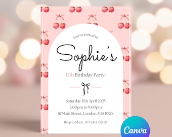Coquette Cherry Birthday Party Invitation Canva Template | Editable Girls Party Invite | Digital Download for Any Age Celebration