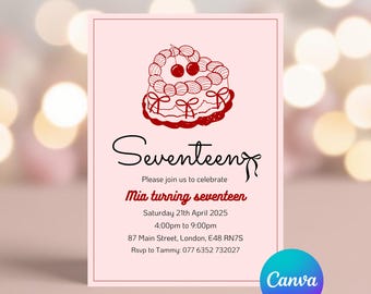 Editable Cherry Cake Birthday Party Invitation - Coquette Inspired Design, Seventeenth Birthday Invite, Digital Download Canva Template