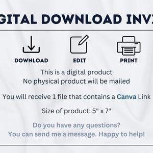 K&ouml;nnte beinhalten: Grafik f&uuml;r eine digitale Download-Einladung mit Symbolen zum Herunterladen, Bearbeiten und Drucken. Der Text lautet "Dies ist ein digitales Produkt. Es wird kein physisches Produkt versandt. Sie erhalten 1 Datei, die einen Canva-Link enth&auml;lt. Gr&ouml;&szlig;e des Produkts: 5" x 7". Haben Sie Fragen? Sie k&ouml;nnen mir eine Nachricht senden. Gerne helfe ich Ihnen weiter!"