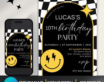 Black Checked Smiley Face Birthday Invitation ANY AGE Birthday Invitation for Boys Teens Kids Girls, Instant Download Editable CanvaTemplate