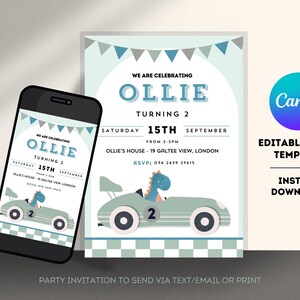 K&ouml;nnte beinhalten: Editierbare Partyeinladungsvorlage im Format 12,7 cm x 17,8 cm f&uuml;r einen 2. Geburtstag. Die Einladung zeigt ein blaues und gr&uuml;nes Rennauto mit einem Dinosaurier-Fahrer. Der Text lautet "We are celebrating Ollie turning 2. Saturday 15th September from 2-5pm. Ollie's House - 19 Galtee View, London. RSVP: 076 2639 27615."