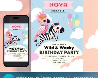 Wild Wacky Animal Party Invite Downloadable Template for print and digital use Whimsical fun Party Invite Canva Template Birthday invitation