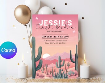 First Rodeo Cactus Party Invite Downloadable Template for print and digital, Scenic Party Invite, Canva Template Birthday invitation Cowgirl