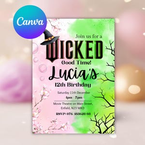 Wicked Party Einladung zum Geburtstag bearbeitbar Invite Pink vs Green WICKED inspirierte Kinokarte Elphaba & Glinda Thema Canva Vorlage