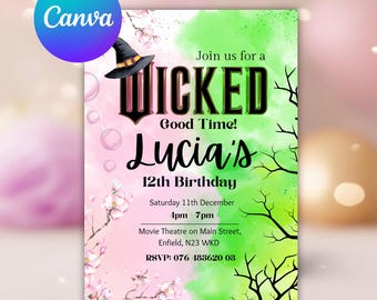 Wicked Party Invitation for Birthday Editable Invite Pink vs Green WICKED inspired Movie ticket Elphaba & Glinda Theme Canva  Template