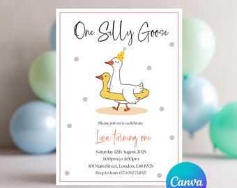Editable First Birthday Invitation Template, Canva One Silly Goose Theme , Baby Party Invite for Boys & Girls,  Instant Download