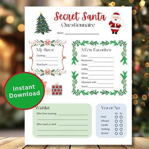 Secret Santa Questionnaire, Secret Santa List, Secret Santa Template, Office Gift Exchange, Christmas Wish List, Secret Santa Printable