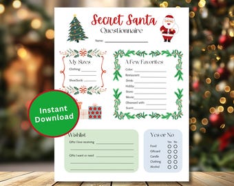 May include: Printable Secret Santa questionnaire with a Christmas tree, Santa Claus, and gift boxes. The questionnaire asks for clothing sizes, favorite colors, restaurants, drinks, hobbies, stores, movies, scents, and wishlist items. It also includes a yes or no section for food, gift cards, candles, clothing, and alcohol.