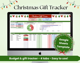 May include: A computer screen shows a Christmas gift tracker template. The display includes budget details, gift information, and a pie chart. Text includes "Christmas Gift Tracker" and "Google Sheets Template". The bottom banner reads "Budget & gift tracker - 4 tabs - Easy to use!"