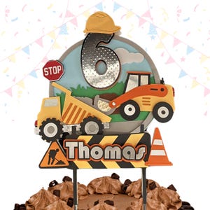 Custom Personalized  Construction Cake Topper with Name & Age | Digger Truck Birthday Decoration for Boys | Kids Party Cake Topper