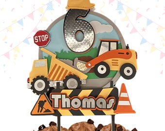 Custom Personalized  Construction Cake Topper with Name & Age | Digger Truck Birthday Decoration for Boys | Kids Party Cake Topper