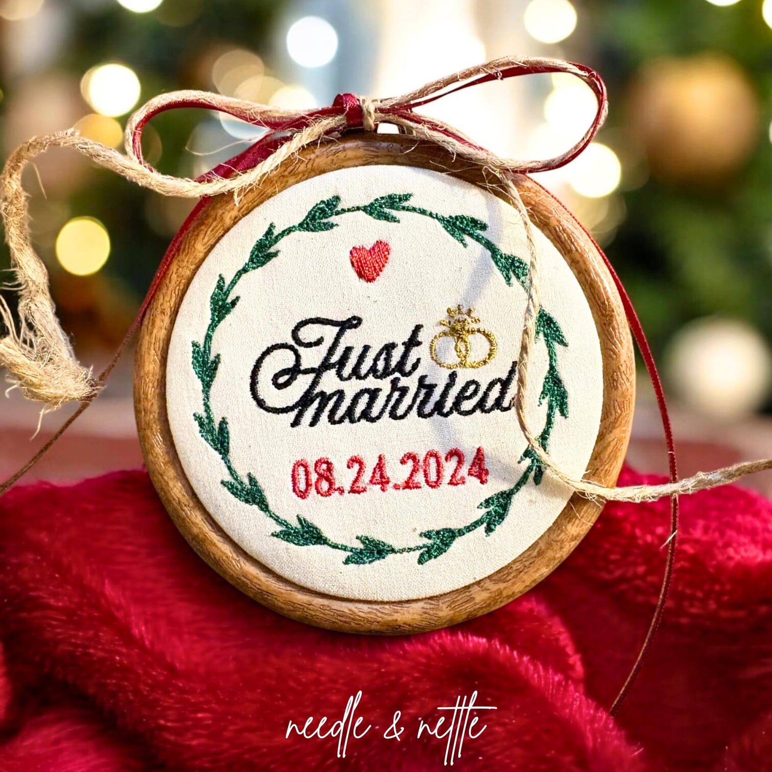 Custom Embroidered Christmas Ornament | Just Married | Newlywed Gift