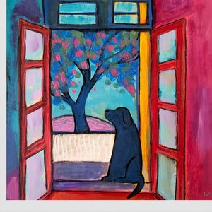 Folk Art Abstract Greeting Card Sketchbook Matisse Inspired Art Blue Dog