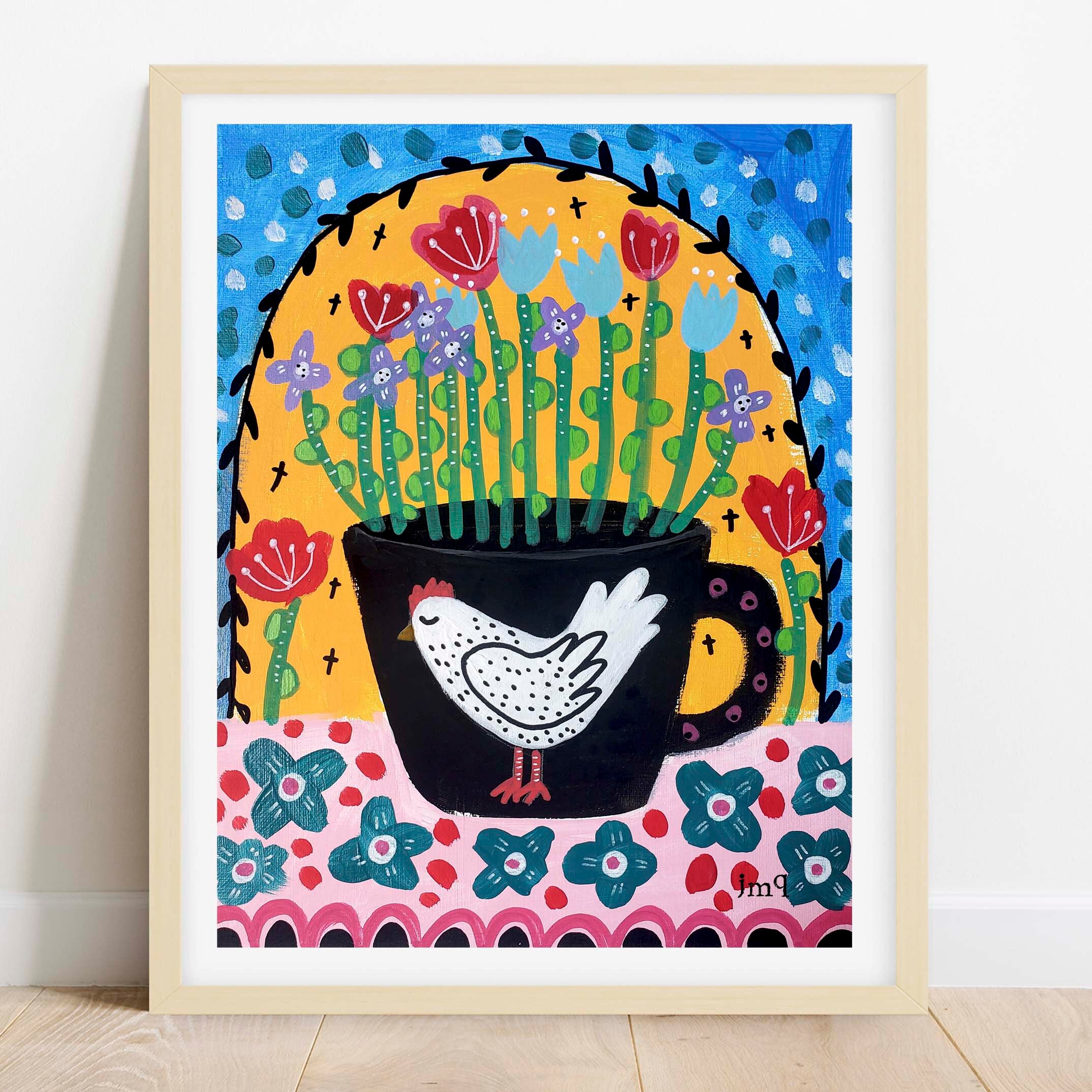 Folk Art Chicken from Original Painting Follk Art Bird Art Jodi Queenan Artist