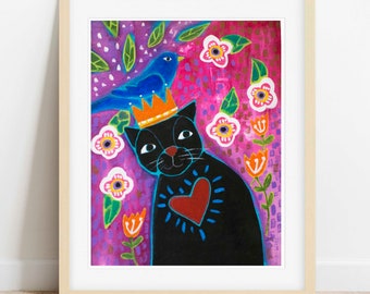 Folk Art Cat Print from Original Painting Original Acrylic Contemporary Painting on Canvas