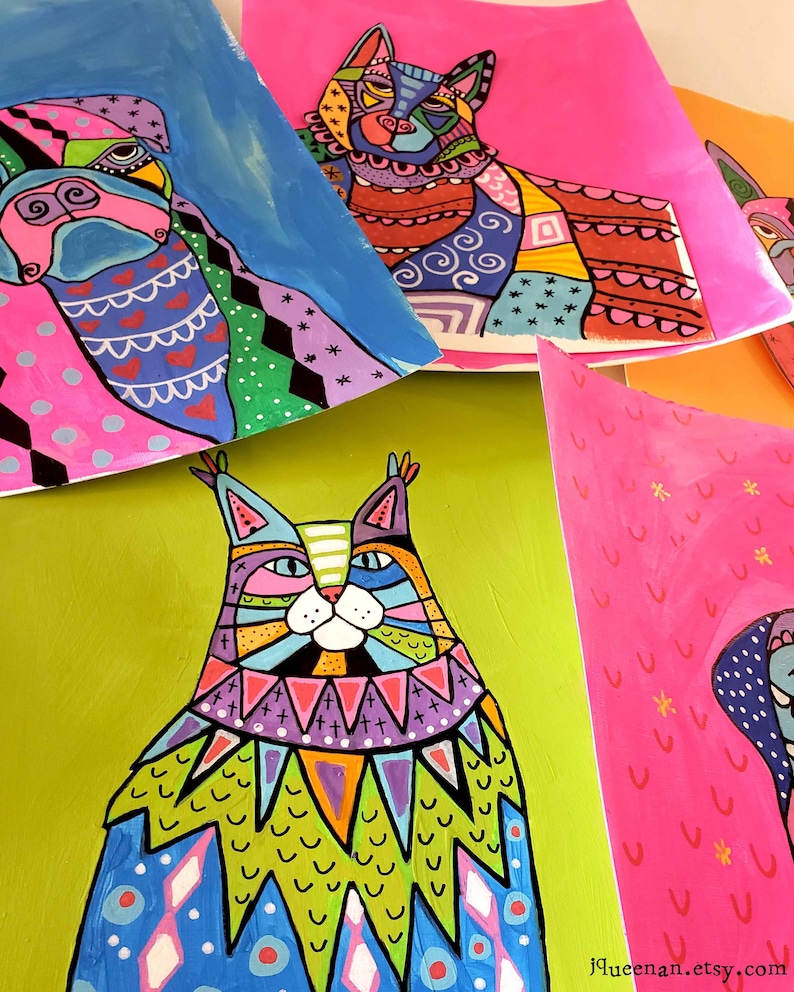 May include: A colorful, abstract painting of a cat with a blue, green, and purple patterned design. The cat is sitting on a green background.