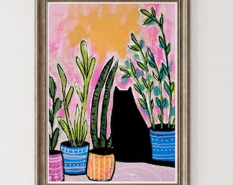 Matisse Inspired Black Cat Window Art Print from Original Painting