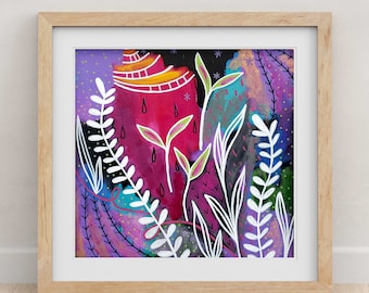 Contemporary Abstract Giclee Print from Original Painting Folk Art Spring Rain by Jodi Queenan, Artist