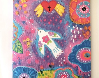 Art folklorique catholique chrétien original Carte de voeux oiseau vierge Art folklorique Art oiseau Artiste Jodi Queenan