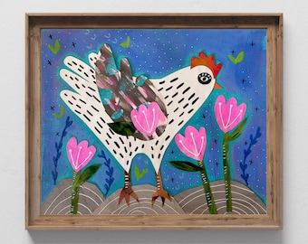Folk Art Chicken Painting Collage Art from Original Painting Collage ART Modern Folk Art
