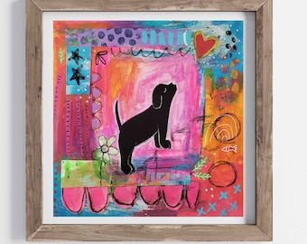 Black Lab Art Print, Folk Art Dog Print, Black Lab Print, Best Selling Dog Print, Black Lab Gifts